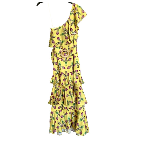 PATBO BRIGHT YELLOW ONE SHOULDER TIERED RUFFLE MIDI DRESS SIZE 2 NWT - Picture 5 of 9